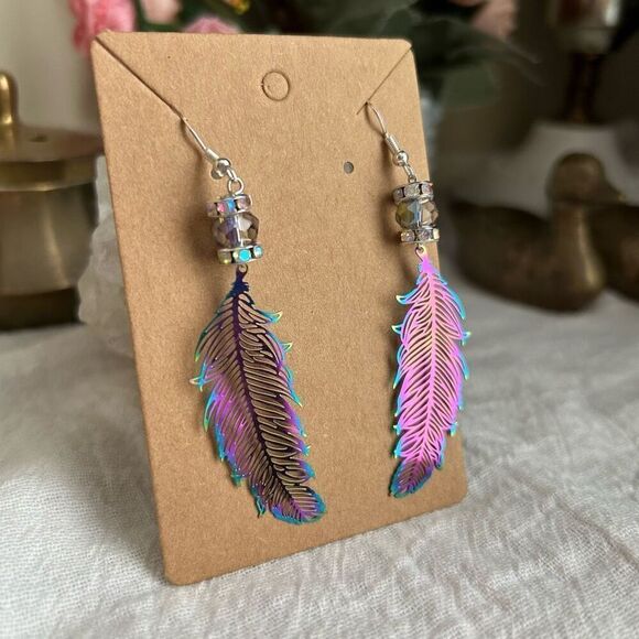Iridescent Rainbow Feather Dangle Rhinestone Earrings .925 Sterling Silver - Picture 4 of 6